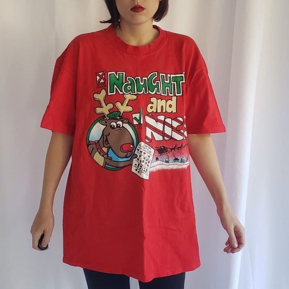 90s Naughty and Nice Red‎ Reindeer Tee